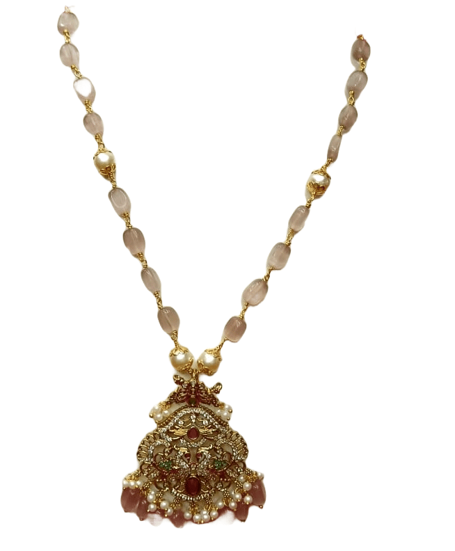 "Stunning Antique Gold Pendant Necklace with Pink Stones and Pearls"