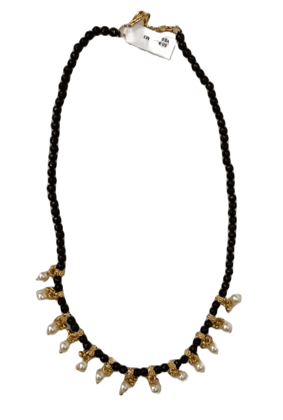 Black Beaded Necklace with Gold Accents and Pearl Drops