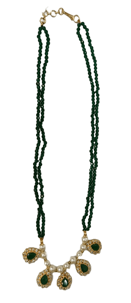 Green Beaded Necklace with Pearls and Gold Accents