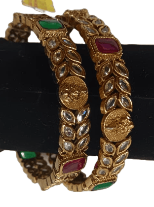 Exquisite Kundan and Meenakari Bangle Set with Green and Pink Stones