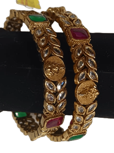Exquisite Kundan and Meenakari Bangle Set with Green and Pink Stones
