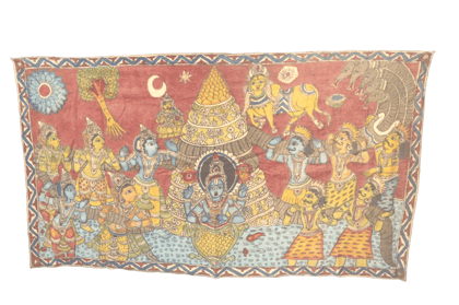Kalamkari handmade design Pattachitra Painting of Lord Vishnu with His Consorts Sridevi and Bhudevi