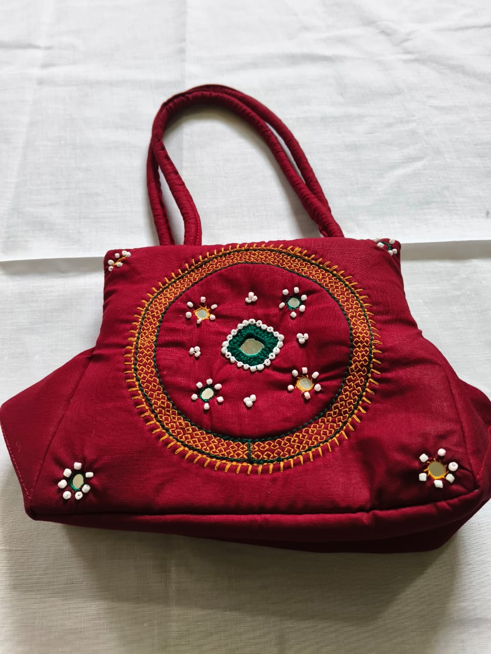 Red Hand Embroidered Clutch with Mirror Work