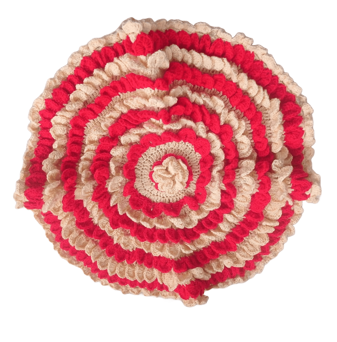 Handmade Crochet Red and Cream Round Rug