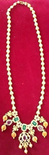 Traditional Indian Gold Plated Haram Necklace with Pearls and Green Stones