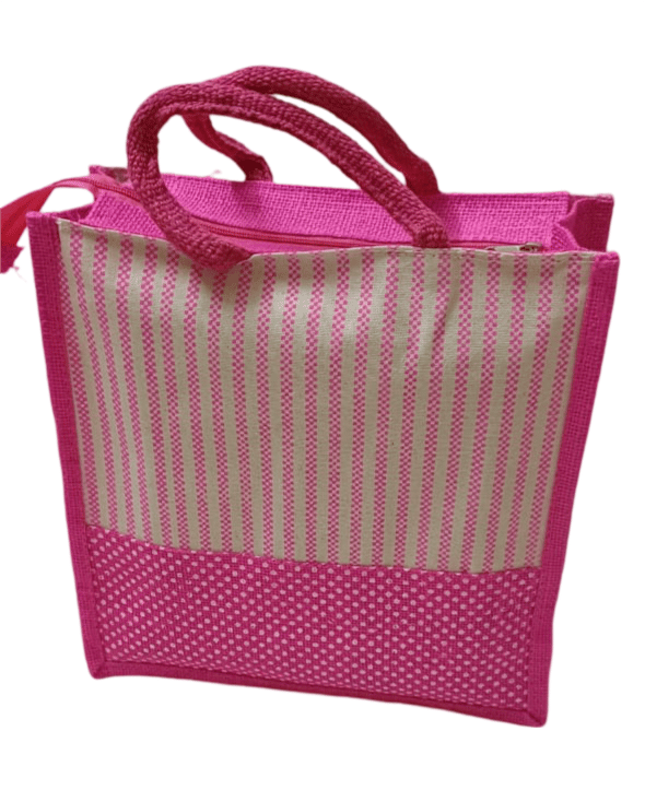Striped Jute Lunch Bag with Pink Polka Dot Bottom