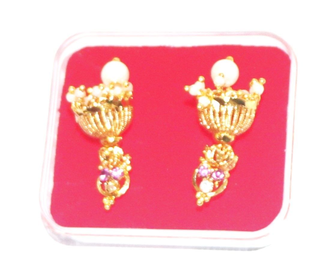 14KT Gold Plated Pearl and Pink Stone Earrings