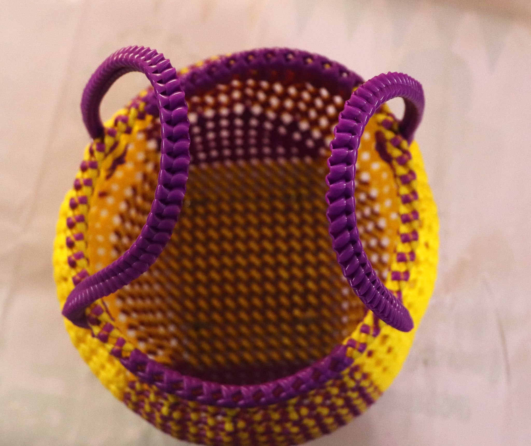 Small Hand-Woven Plastic Basket with Purple Handles