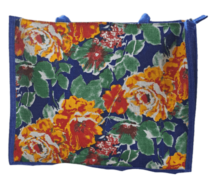 Blue Floral Jute Tote Bag with Red and Yellow Flowers