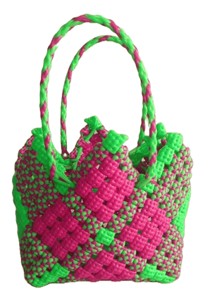 Small Handwoven Pink and Green Plastic Tote Bag