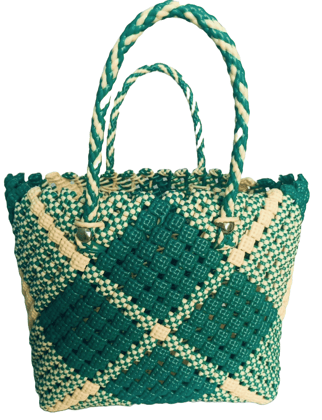 Handmade Green and White Checkered Plastic Tote Bag