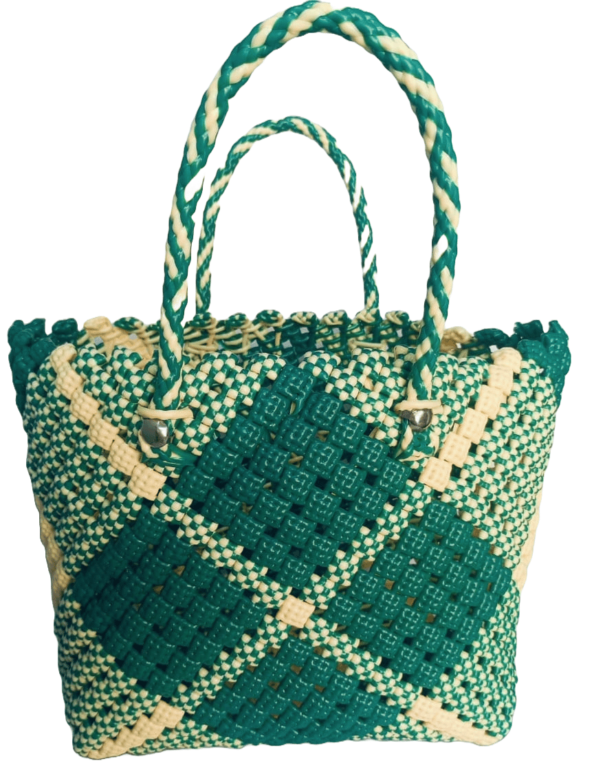Handmade Green and White Checkered Plastic Tote Bag