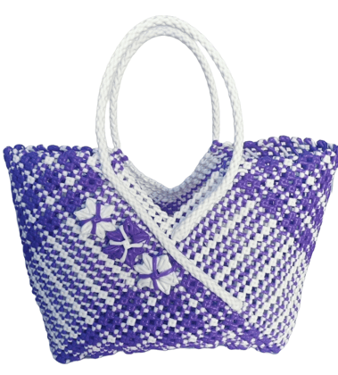Purple and White Handwoven Market Tote Bag with Flower Accents