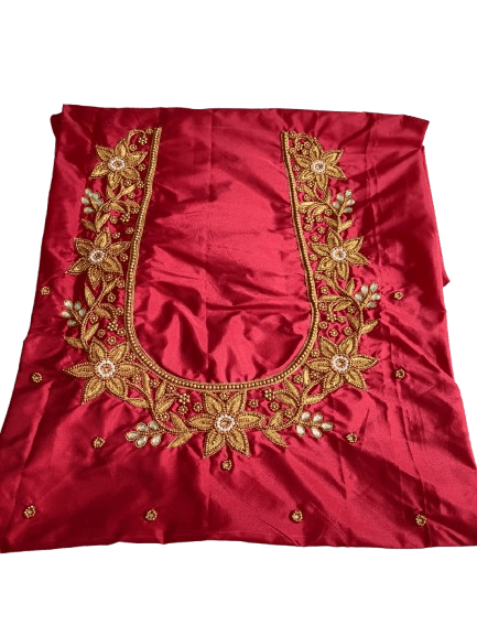 Red and gold embroidered blouse with floral design