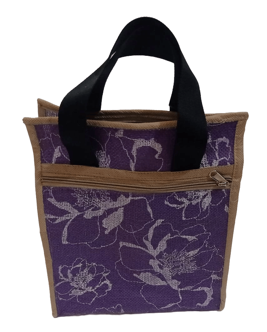 Purple Floral Jute Lunch Bag