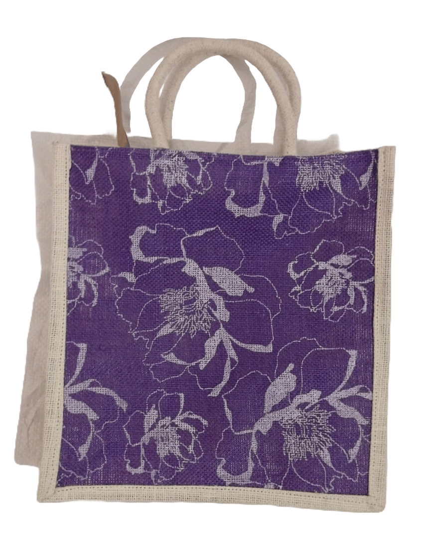 Purple Floral Jute Tote Bag