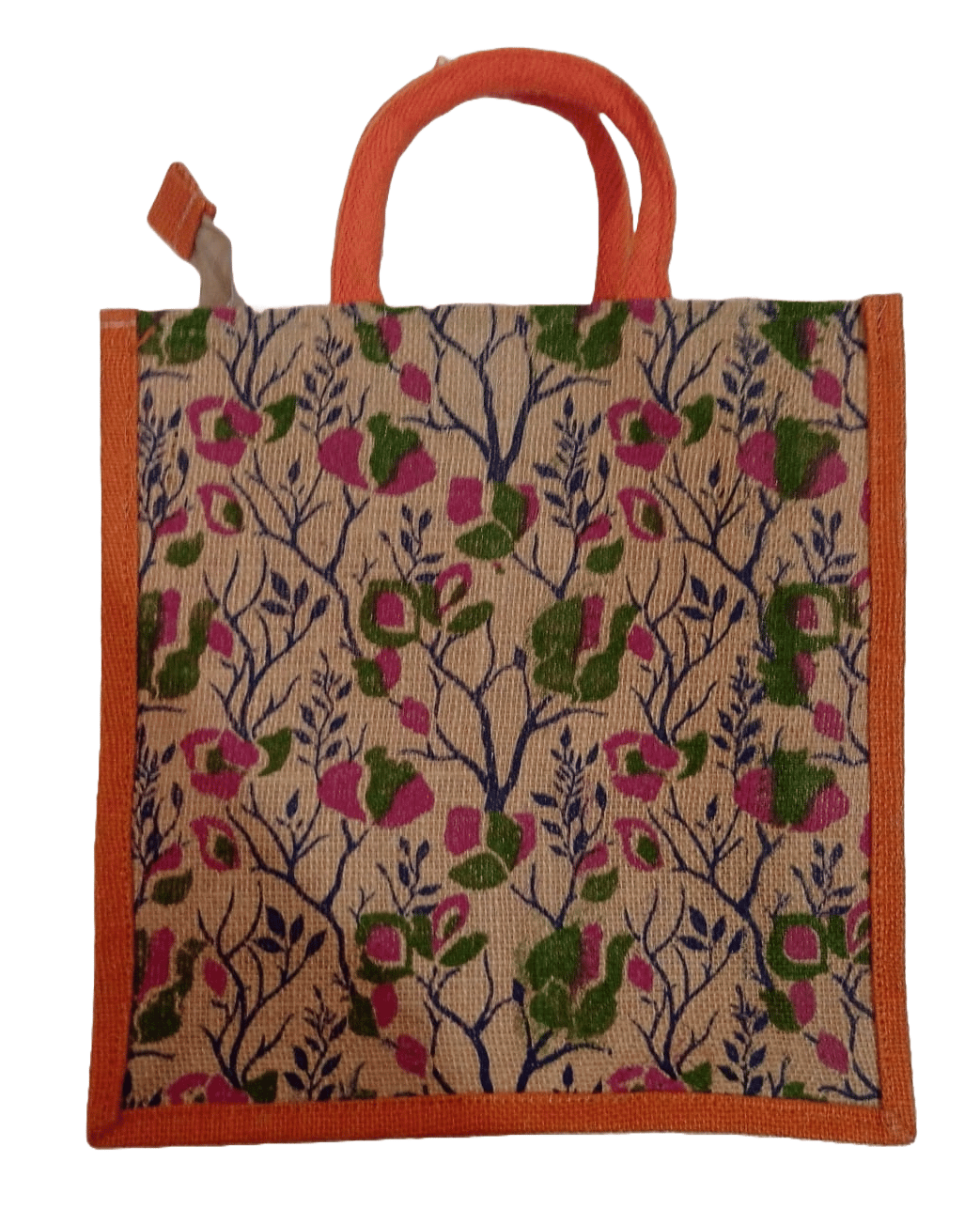 Jute Tote Bag with Floral Print and Orange Trim