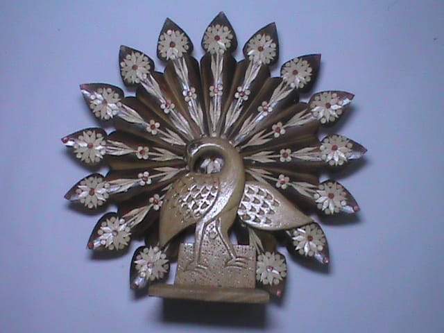 Handcrafted Wooden Peacock Wall  Folk Art Style Wood Carving of a Peacock