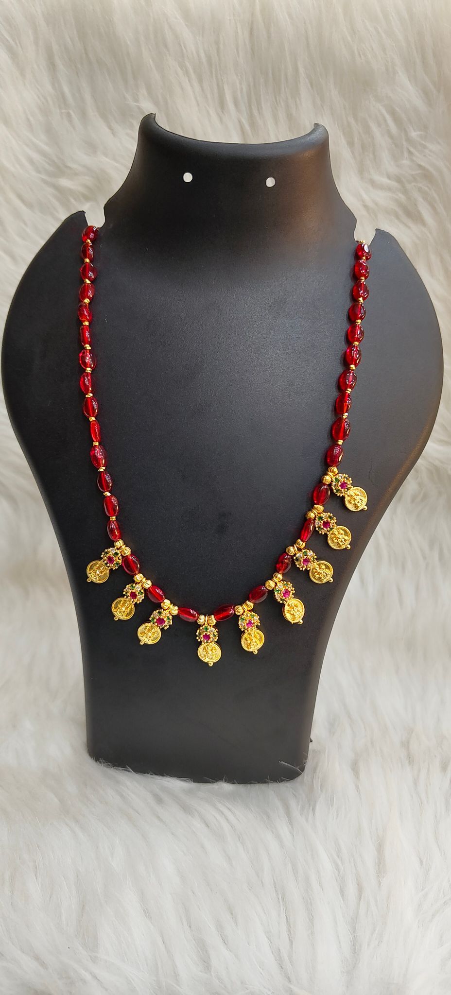 Delicate Gold Plated Laxmi Coin Necklace Set with Red Beads