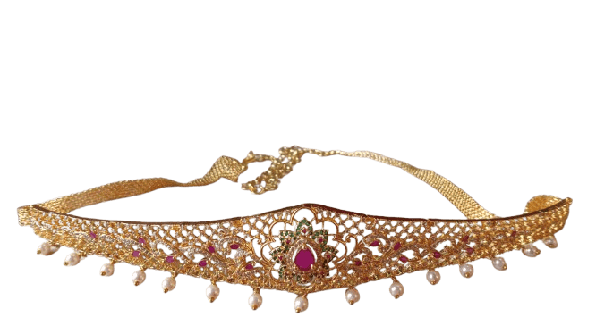 18K Gold Plated Traditional Indian Kempu Stone Belt Vaddanam Waist Chain for Women