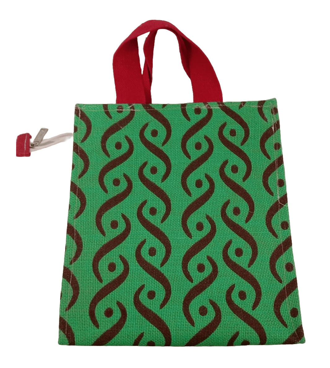Green Jute Lunch Bag with Red Handles