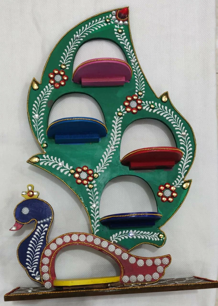 Wooden Hand-Painted Peacock Wall Shelf with 4 Storage Compartments