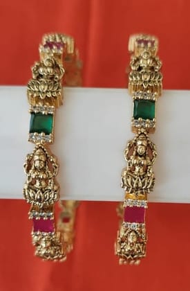 Gold Plated Goddess Laxmi Engraved Bangle Set with Green and Pink Stones