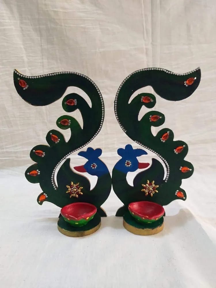 Wooden Handpainted Peacock Diya for Diwali Decoration