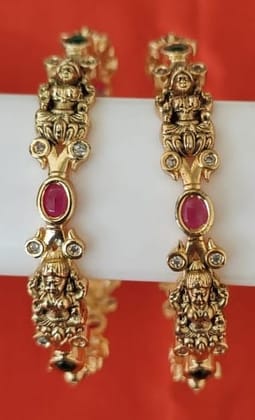 Gold Plated Temple Bangles With Ruby Stones Gold Plated Temple Bangles With Ruby Stones