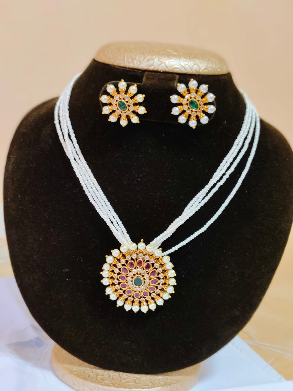 Stunning Pearl and Stone Necklace Set with Floral Pendant and Earrings