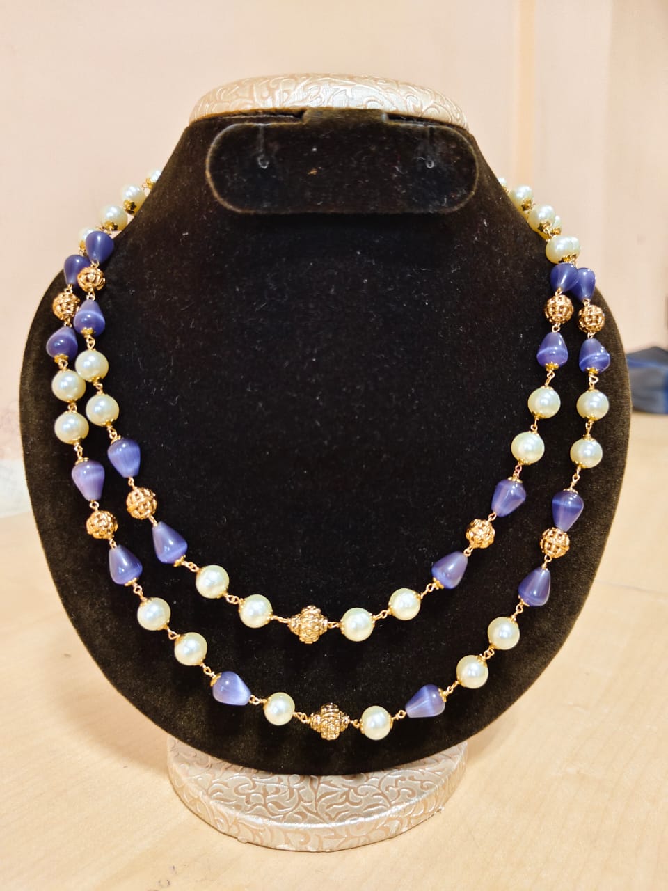 2 Layer Pearl and Blue Stone Necklace with Gold Plated Beads