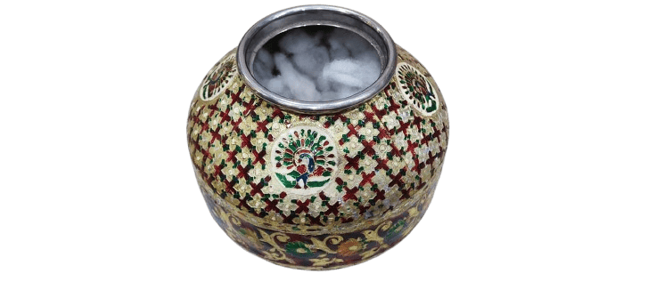 Hand painted metal water pot with intricate peacock design