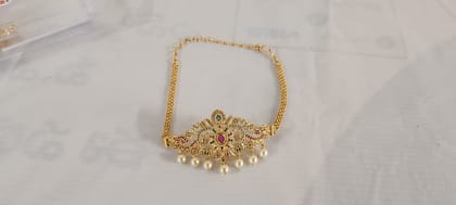 Bridal Gold Plated Maang Tikka with Pearls and Green Stones