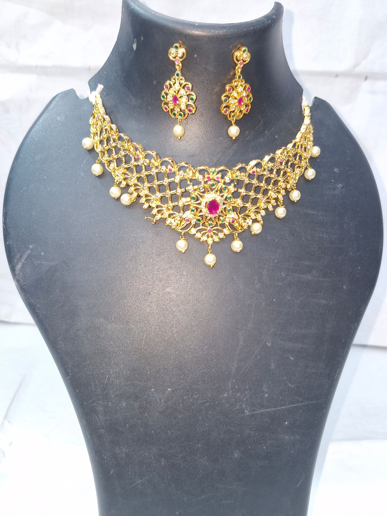 Bridal Gold Plated Ruby and Pearl Choker Necklace Set