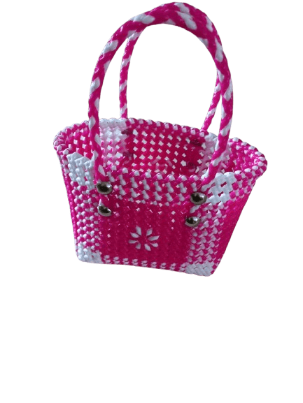 Small Handwoven Plastic Basket with Button Accents