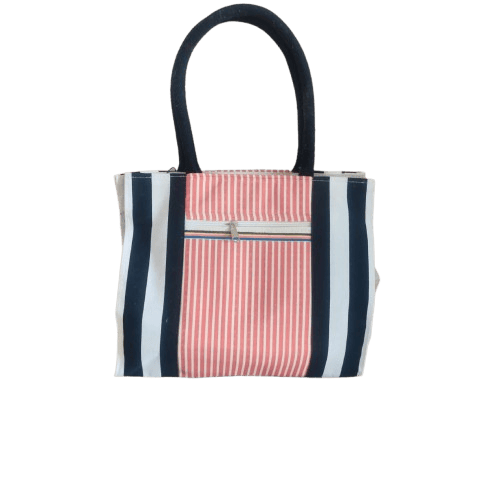 Red and White Striped Canvas Bag with Black Handles