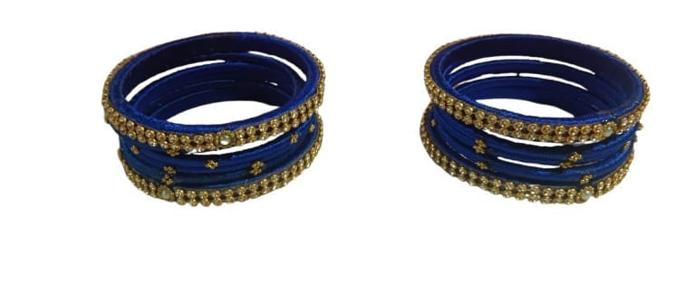 Set of 8 Blue Silk Thread Bangles with Stone and Pearl Embellishment