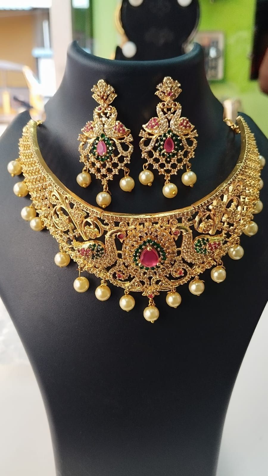 Stunning Kundan and Pearl Choker Necklace Set with Peacock Motif in Gold Plating