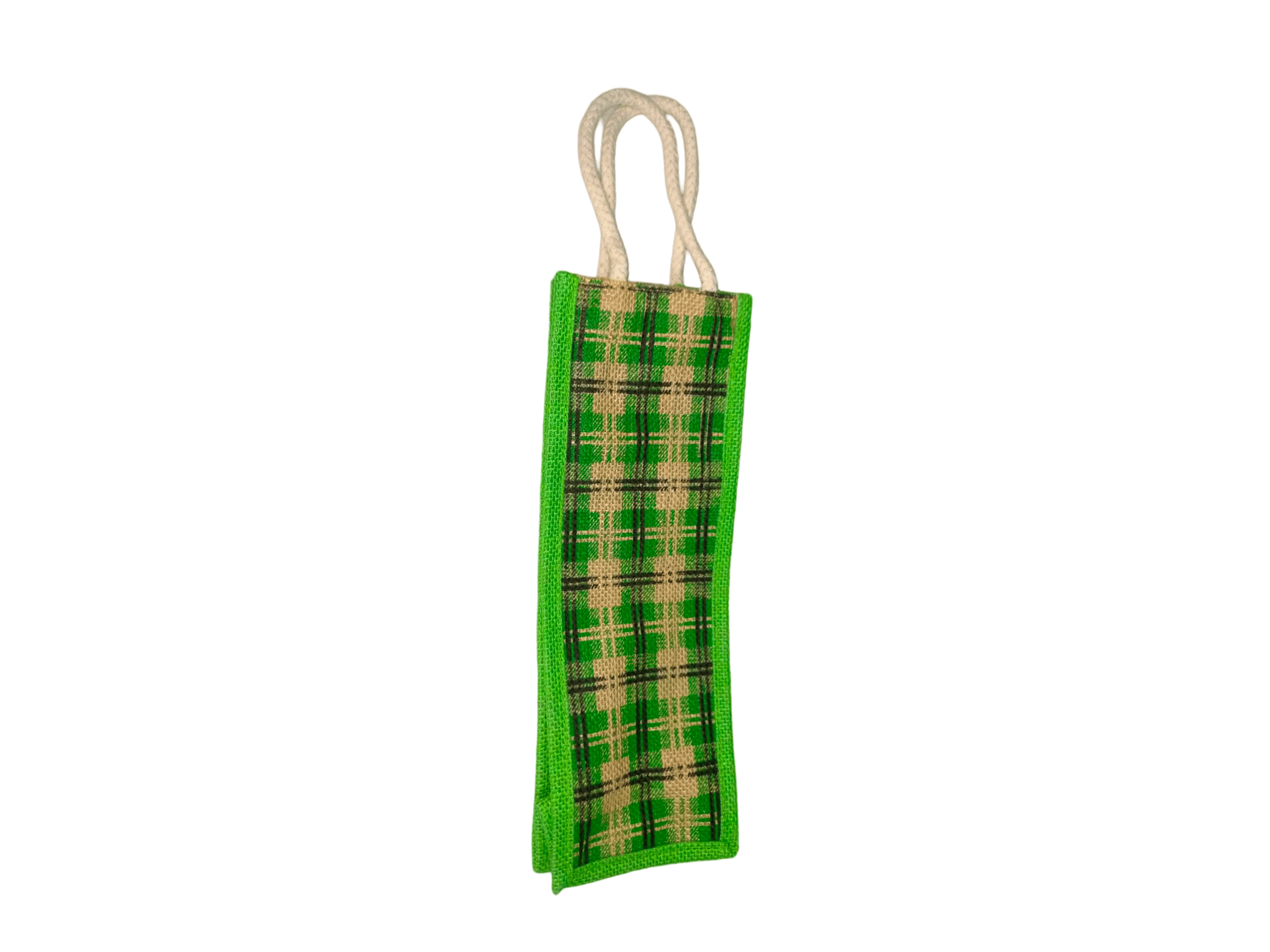 Small Green Burlap Gift Bag with Checkered Design