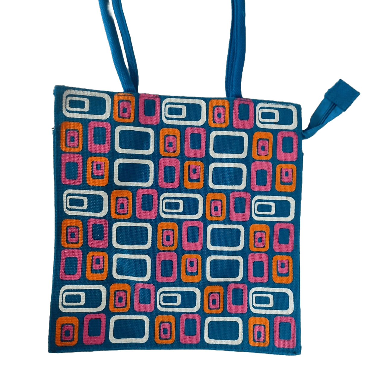 Blue and Orange Geometric Jute Tote Bag