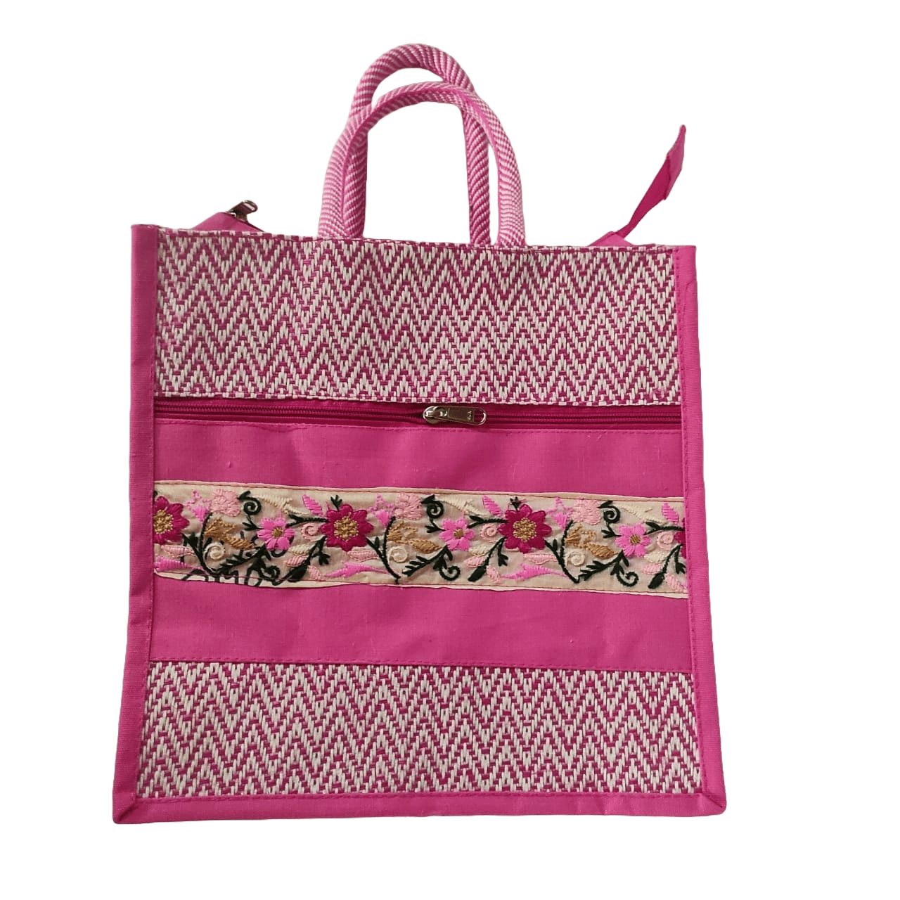 Pink Hand Embroidered Jute Bag with Zipper Closure