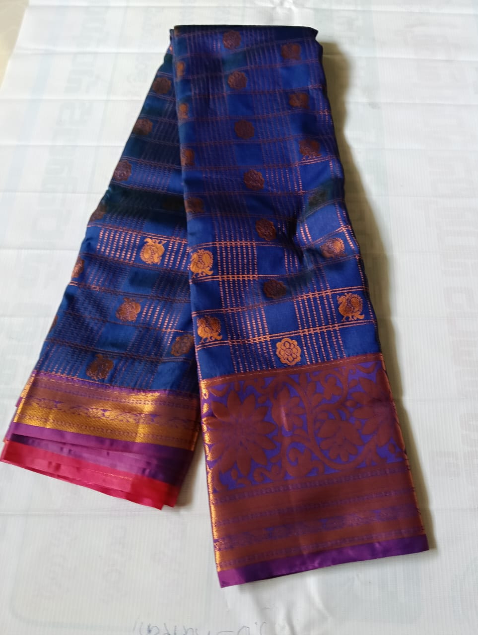 Blue And Gold Traditional Saree With Floral Brocade