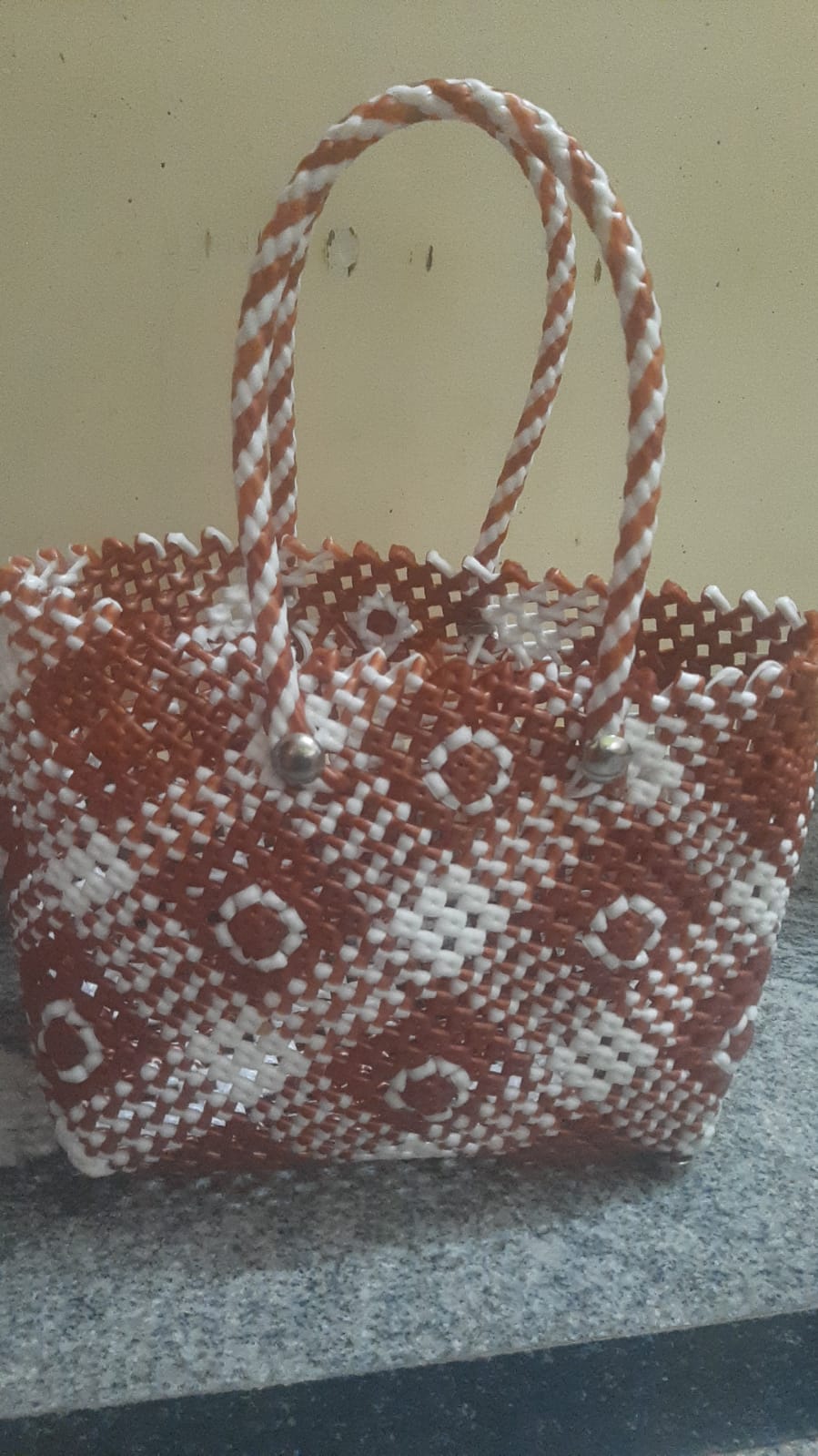Handwoven Plastic Wire Bag with Brown and White Checkered Pattern
