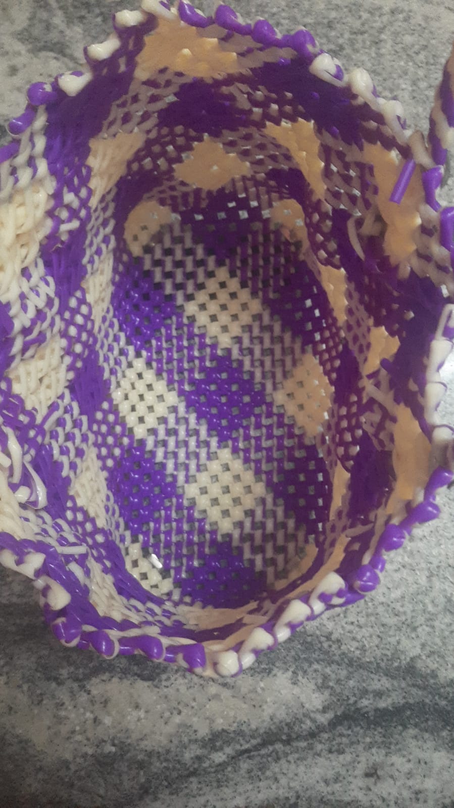 Purple and White Handwoven Plastic Wire Bag