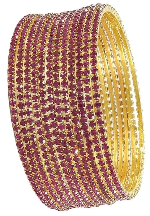Set of 8 Traditional Indian Bangle Bracelets with Pink Rhinestones in Gold Plated Setting
