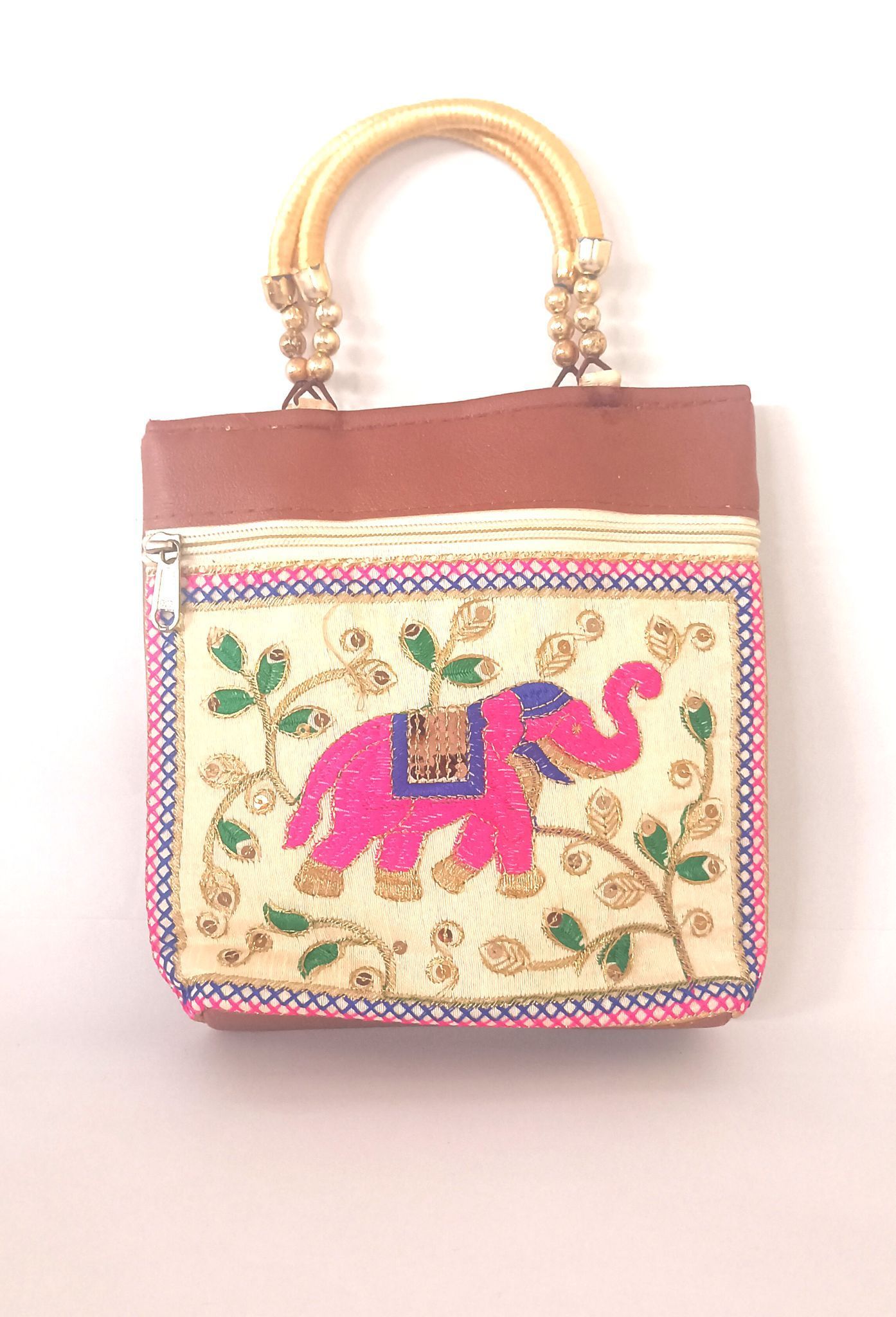 Embroidered Elephant Handbag with Beaded Handles