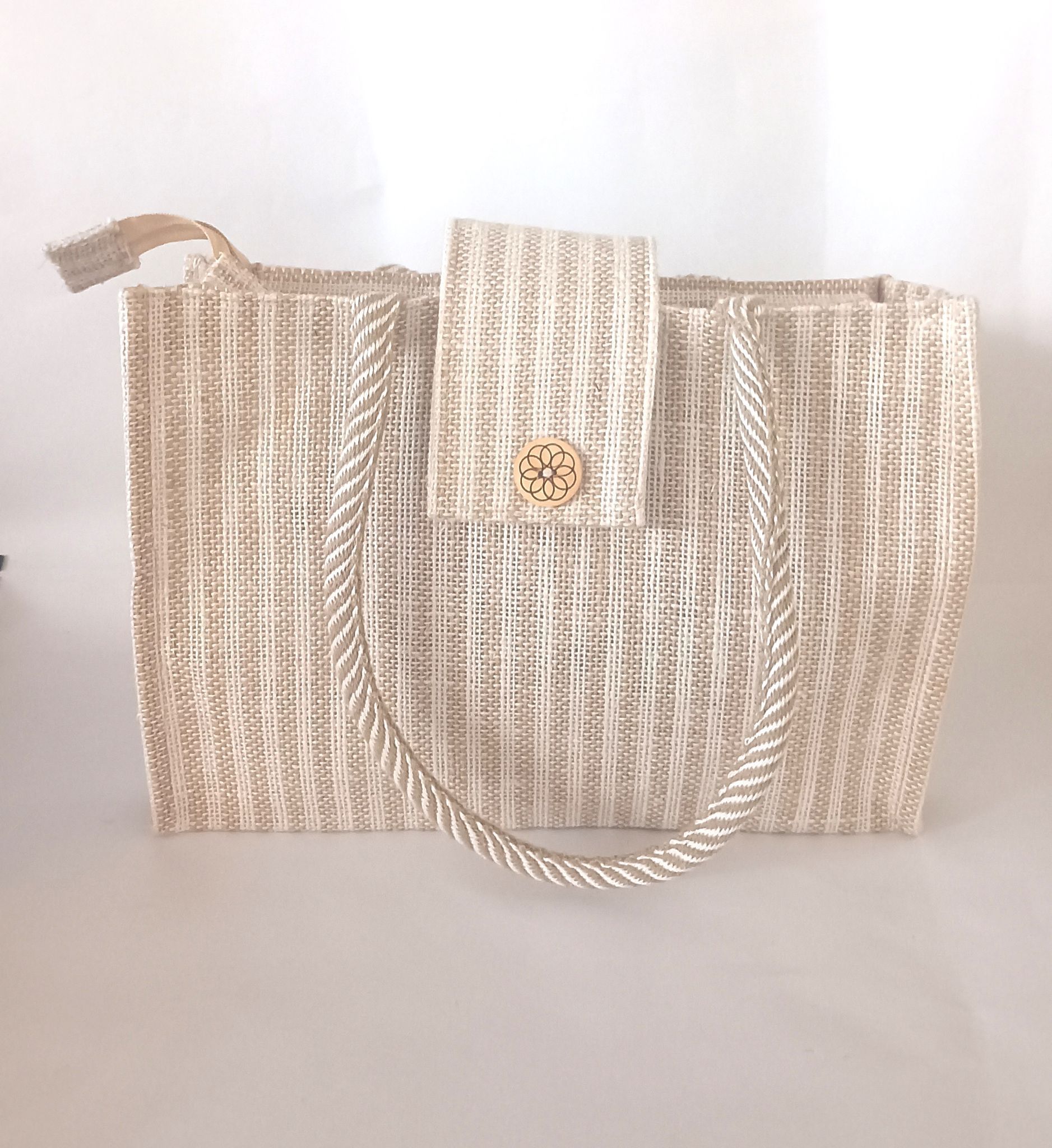 Striped Jute Tote Bag with Button Closure