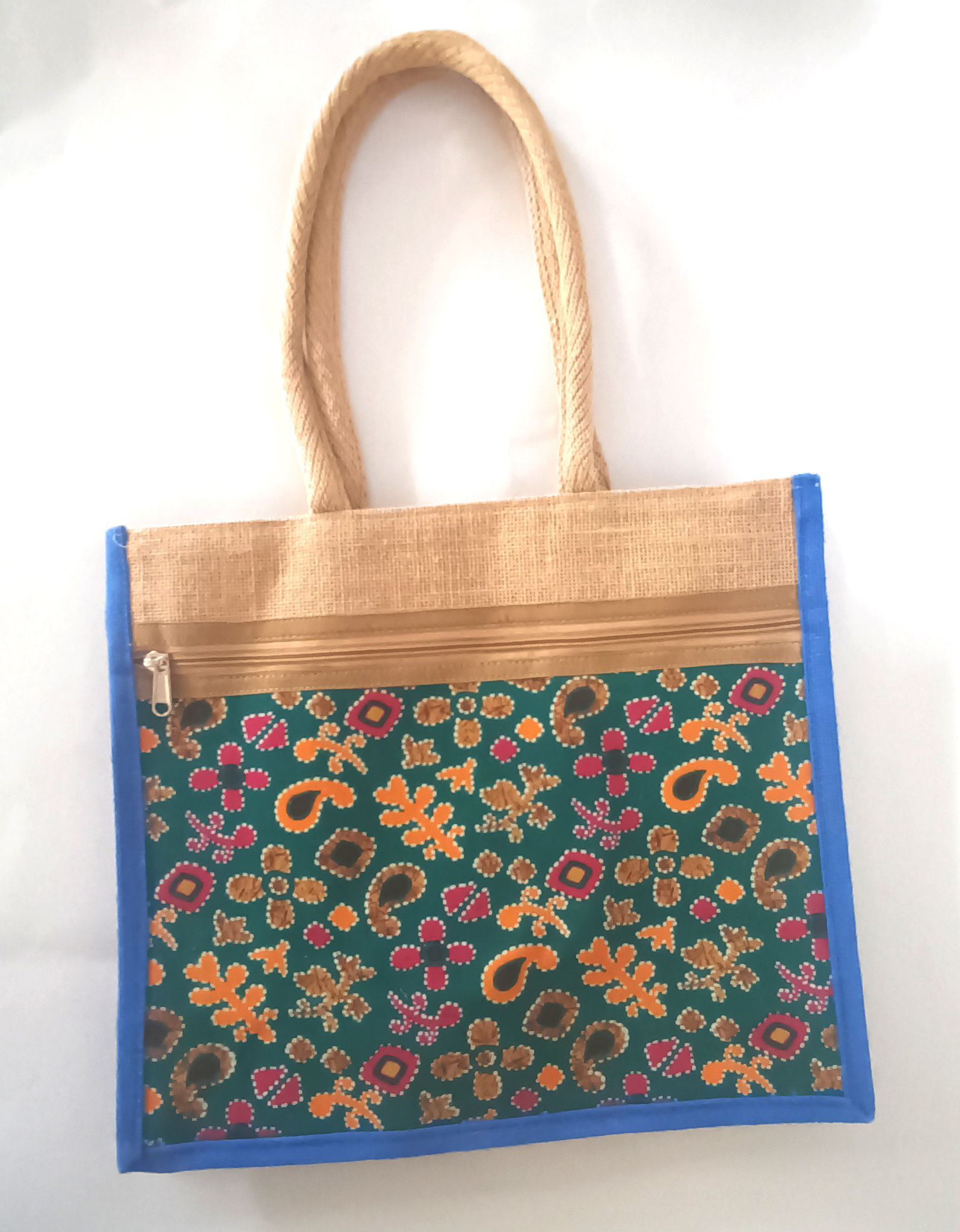 The title of the product could be "Jute Tote Bag with Colorful Floral Print and Blue Trim