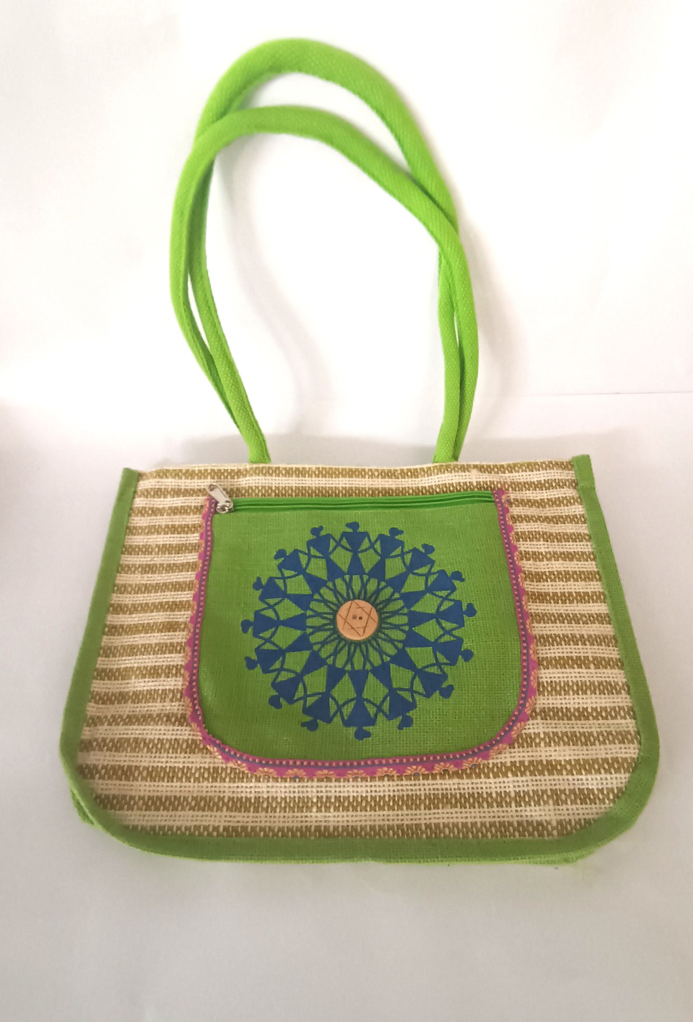 Handmade Jute Bag with Colorful Embroidery and Zipper Closure
