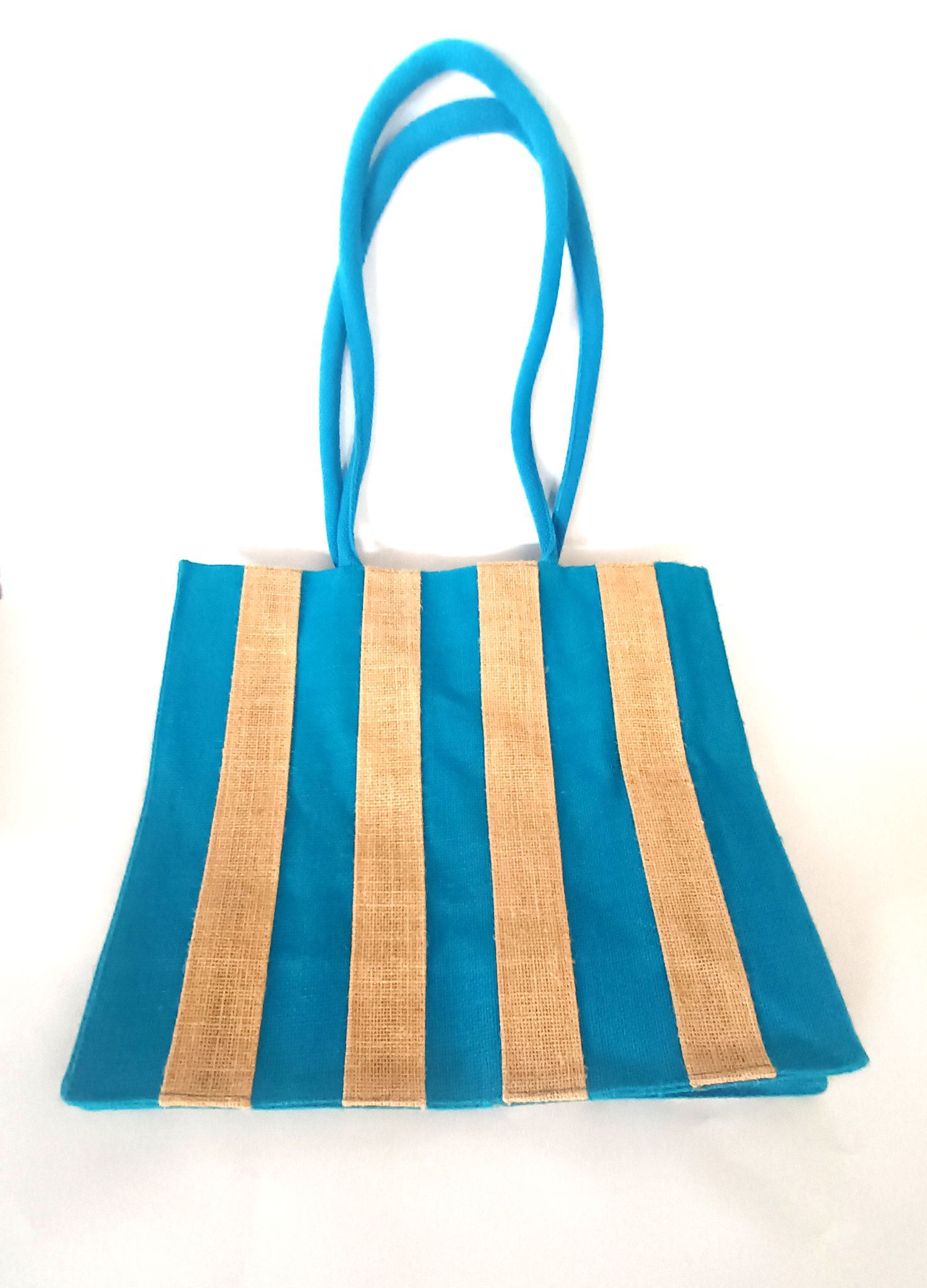 Blue and Tan Striped Jute Tote Bag